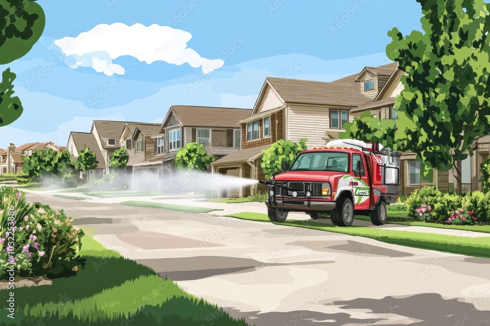 Cartoon-style pest control van driving through a neighborhood, spraying mist Cartoon-style pest control van driving through a neighborhood, spraying mist