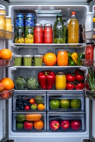 Wallpaper Mural A detailed shot of an open refrigerator, with fresh produce, dairy, and drinks, arranged on multiple shelves, reflecting a well-organized, healthy, and modern kitchen Torontodigital.ca