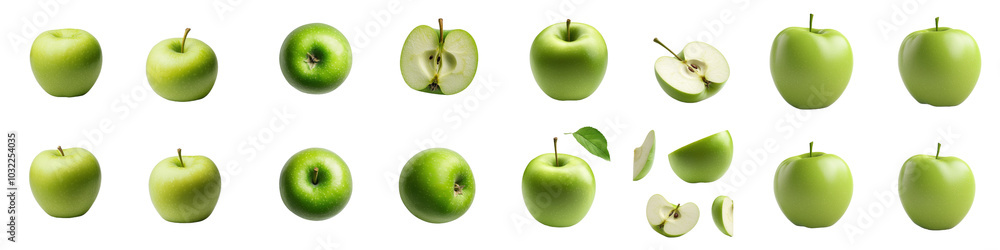 Various angles of green apples on a transparent background. Various angles of green apples on a transparent background.