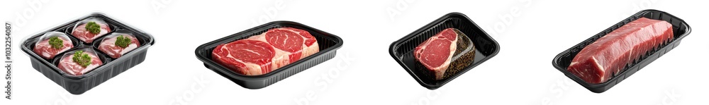 The mockup stack of a transparent plastic beef tray with white labels is blank The mockup stack of a transparent plastic beef tray with white labels is blank