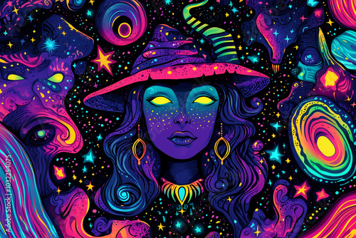 Wallpaper Mural Abstract mystical card or banner with glowing neon silhouettes of a witch, creatures, stars, moon  Torontodigital.ca