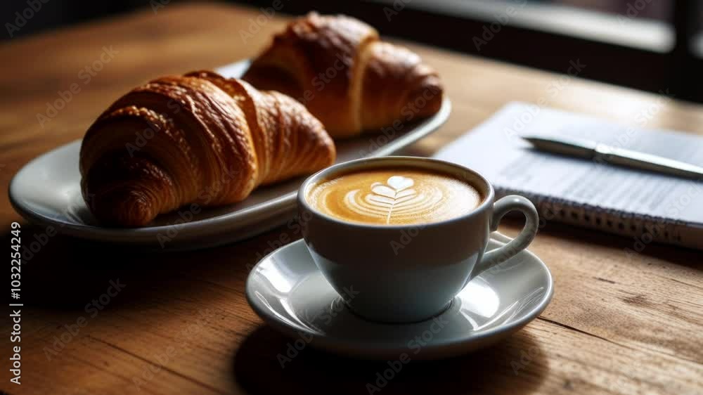 A cup of cappuccino coffee with a croissant on a wooden table in a coffee shop A cup of cappuccino coffee with a croissant on a wooden table in a coffee shop