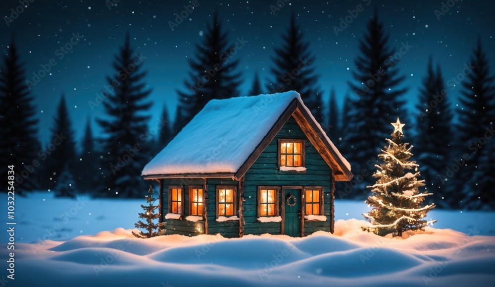 A cozy wooden cabin nestled in a snowy forest glows with warm, festive lights. Two beautifully decorated Christmas trees stand outside, enhancing the peaceful, winter wonderland atmosphere. A cozy wooden cabin nestled in a snowy forest glows with warm, festive lights. Two beautifully decorated Christmas trees stand outside, enhancing the peaceful, winter wonderland atmosphere.