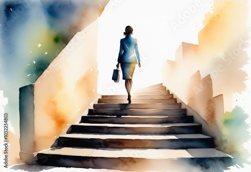 Watercolor drawing, silhouette of a woman climbing up the stairs symbol of the path to success, the realization of plans