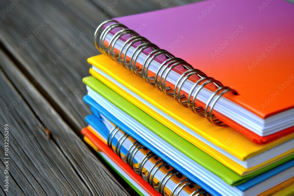 Fototapeta premium A stack of colorful spiral notebooks arranged neatly on a wooden surface, ideal for school or office use.