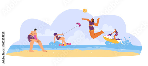 Vector illustration of people doing outdoor sports: beach volleyball, sailing on a jet ski, kiteboard,