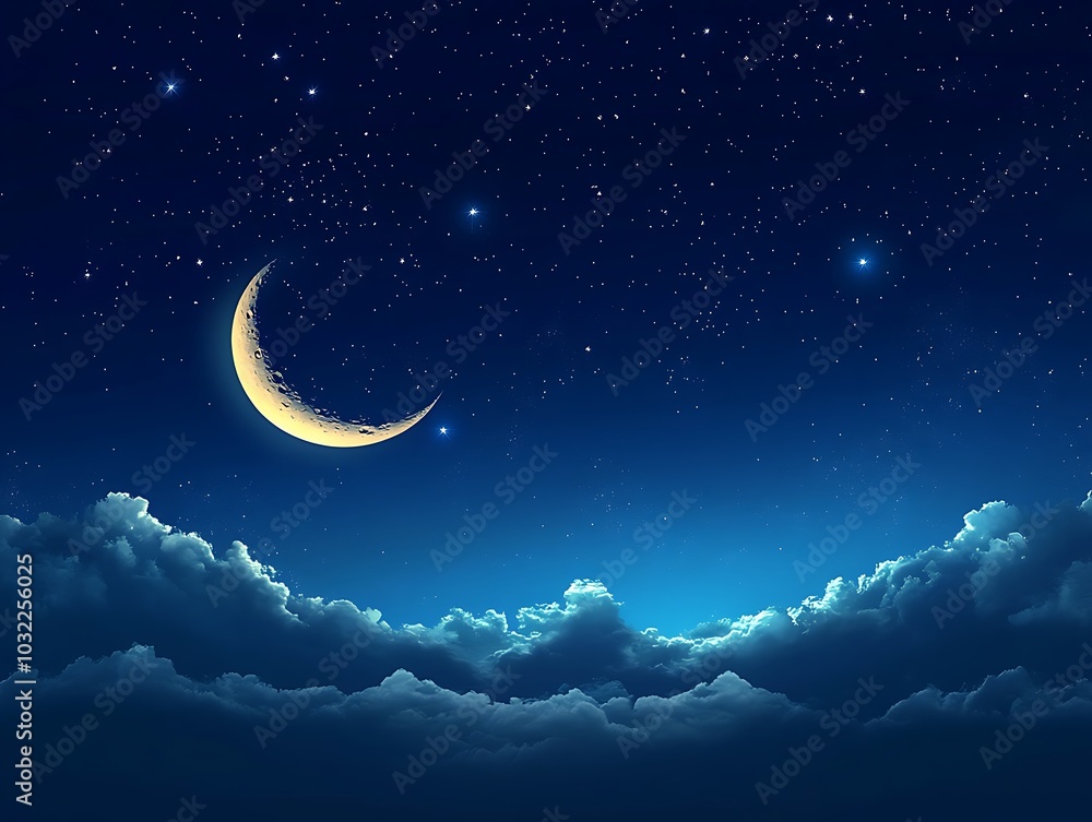 A crescent moon in a dark blue sky filled with stars, showcasing the beauty of the Ramadan background A crescent moon in a dark blue sky filled with stars, showcasing the beauty of the Ramadan background