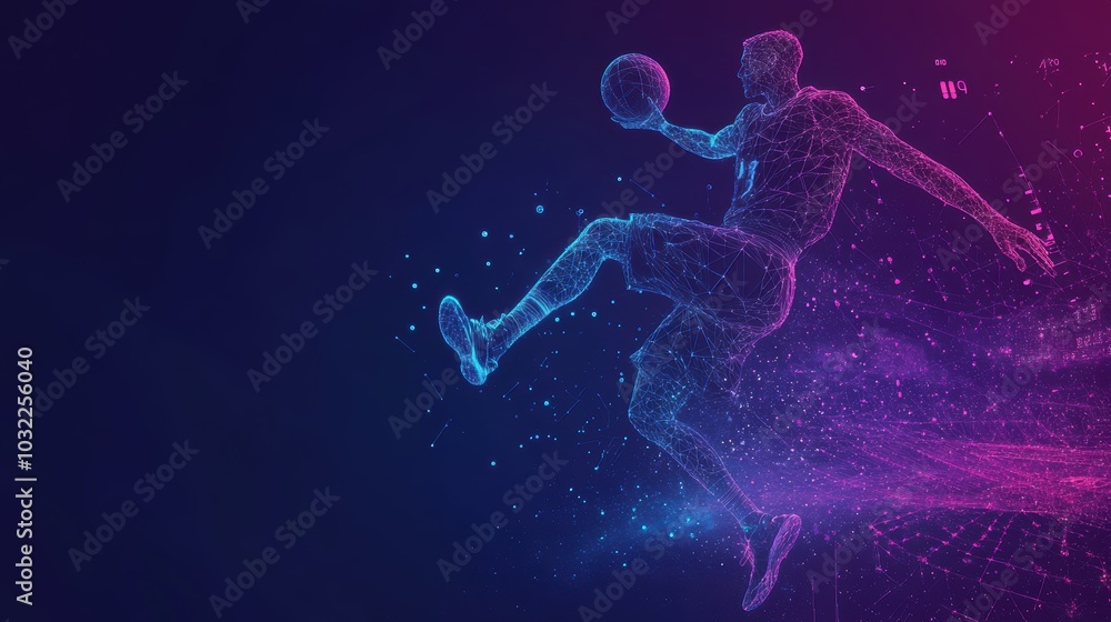 Wireframe basketball player dribbling a ball with glowing lines and pink particles in the background.. Perfect for sports-themed projects or modern designs. Wireframe basketball player dribbling a ball with glowing lines and pink particles in the background.. Perfect for sports-themed projects or modern designs.
