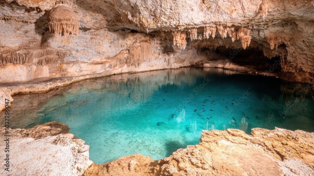 A tranquil underground cave featuring a shimmering blue pool, surrounded by limestone formations and natural rock textures. A tranquil underground cave featuring a shimmering blue pool, surrounded by limestone formations and natural rock textures.