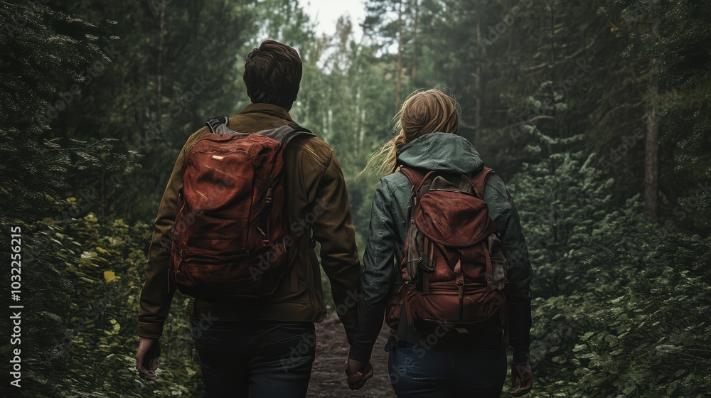 Young happy couple hiking together in the forest (A.I.-generated) Young happy couple hiking together in the forest (A.I.-generated)