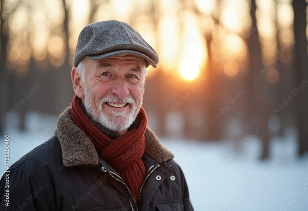 Portrait of Smiling senior man In Winter, warm backlight, copy space on a side Portrait of Smiling senior man In Winter, warm backlight, copy space on a side
