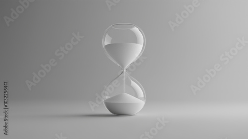 A simple hourglass sits on a smooth surface, with sharp details of the sand grains falling slowly through the narrow neck