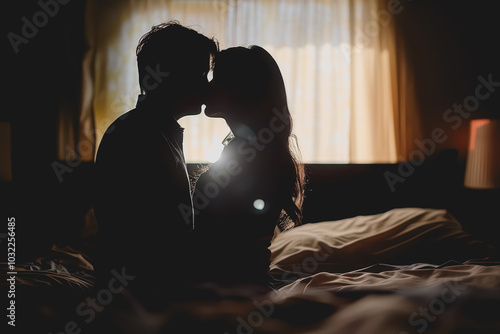 Romantic dim light bed scene, husband and wife kissing passionately.