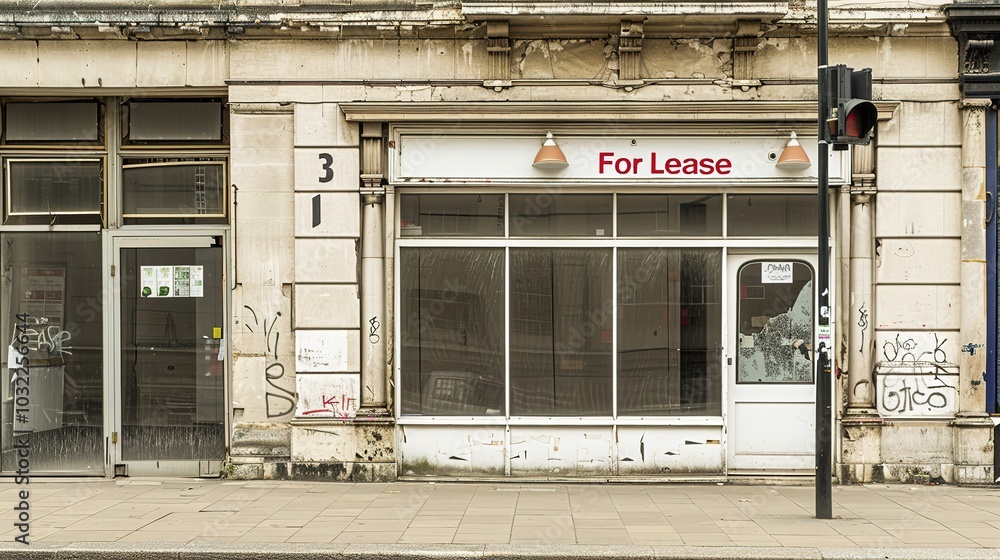 Era's End: Forlorn Traditional Retail Shopfront with Faded Signage and Empty Displays, Marking a New Era for Commerce Era's End: Forlorn Traditional Retail Shopfront with Faded Signage and Empty Displays, Marking a New Era for Commerce