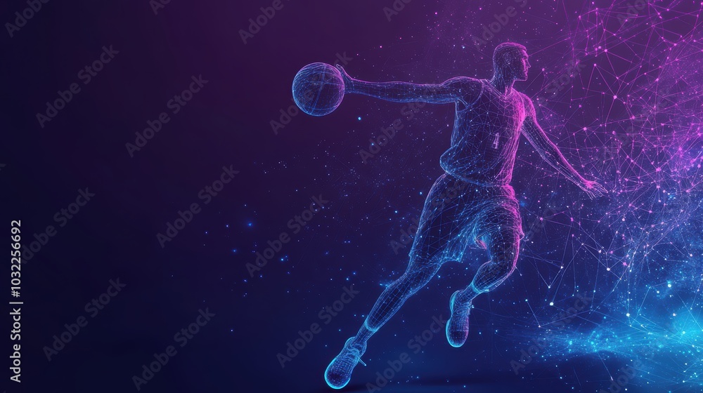 Wireframe basketball player dribbling a ball with glowing lines and pink particles in the background.. Perfect for sports-themed projects or modern designs. Wireframe basketball player dribbling a ball with glowing lines and pink particles in the background.. Perfect for sports-themed projects or modern designs.