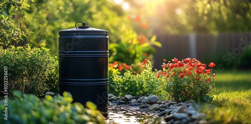 A black compost bin in a garden setting with lush green foliage and red flowers. photo