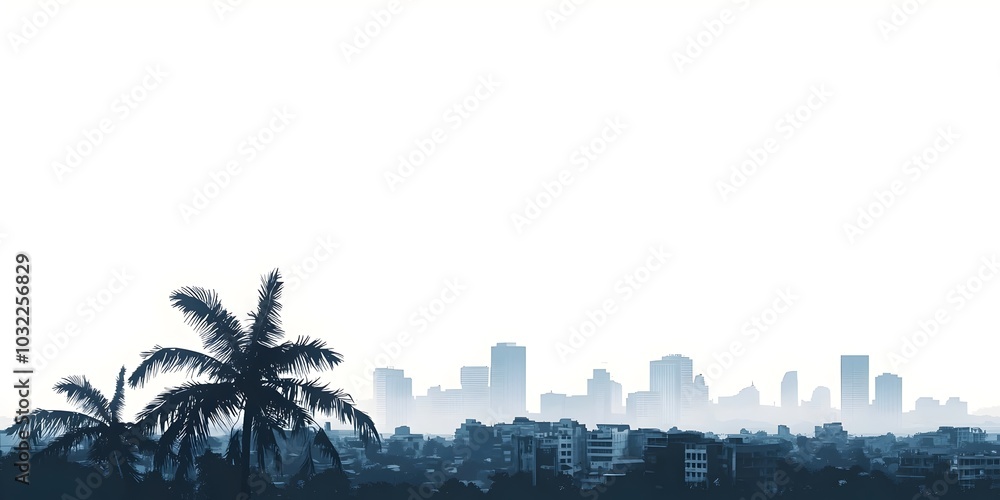 Fototapeta premium A hazy cityscape with palm trees in the foreground, creating a dreamy and ethereal atmosphere.