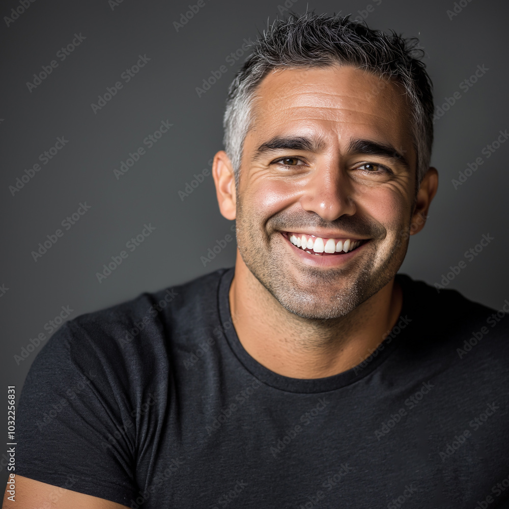 Photograph of a confident man smiling with a single charcoal gray background Photograph of a confident man smiling with a single charcoal gray background