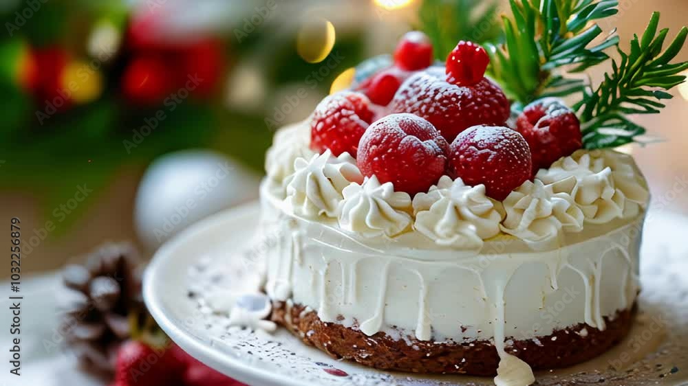Festive Berry Cake with Whipped Cream and Holiday Decorations. Festive Berry Cake with Whipped Cream and Holiday Decorations.