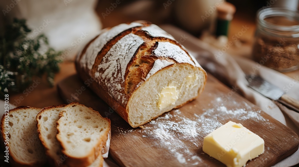 Freshly Baked Rustic Bread Loaf on Wooden Board with Butter and Preserves Freshly Baked Rustic Bread Loaf on Wooden Board with Butter and Preserves