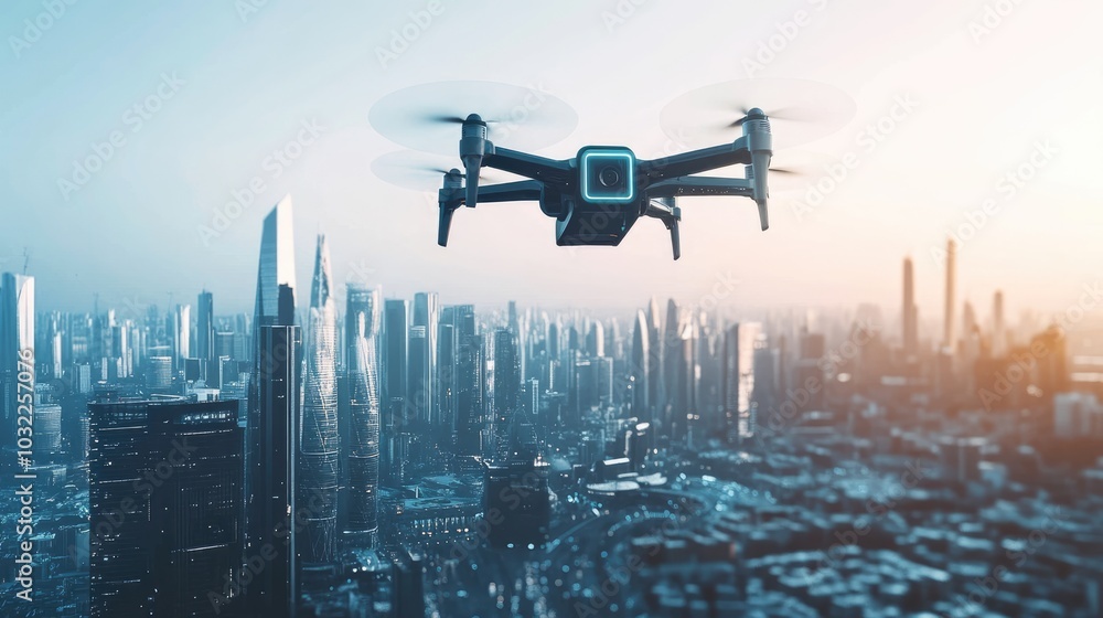 A futuristic drone flying over a modern city, delivering packages and showcasing the advancements of technology and automation A futuristic drone flying over a modern city, delivering packages and showcasing the advancements of technology and automation