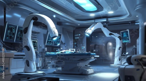 A futuristic healthcare environment with robotic arms performing surgery, highlighting the incredible advancements in medical technology