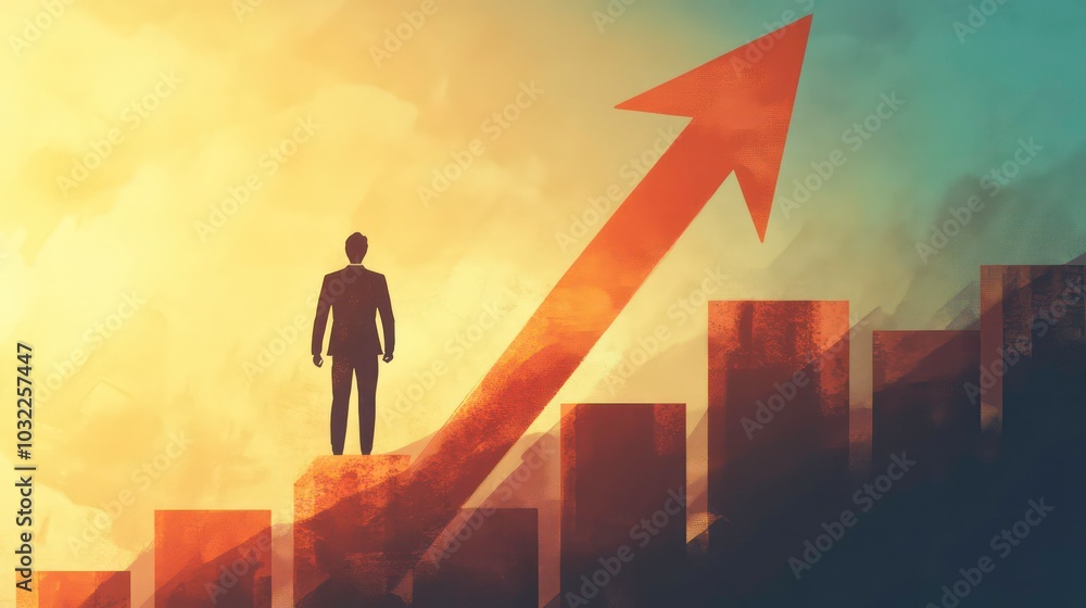 A businessman stands on top of a bar chart, looking at a red arrow pointing upwards, representing success and growth. A businessman stands on top of a bar chart, looking at a red arrow pointing upwards, representing success and growth.