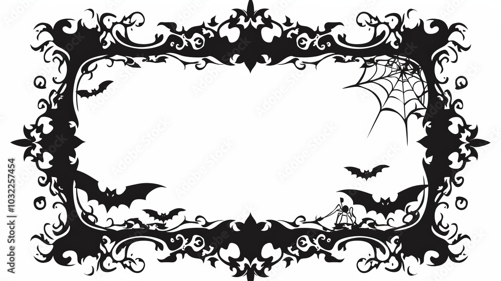 A decorative black and white frame featuring bats, a spider web, and ornate flourishes. A decorative black and white frame featuring bats, a spider web, and ornate flourishes.