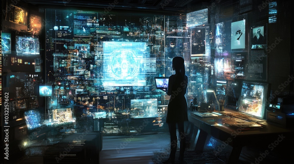 A high-tech room with interactive holograms, advanced AI, and digital interfaces, representing the future of modern technology A high-tech room with interactive holograms, advanced AI, and digital interfaces, representing the future of modern technology