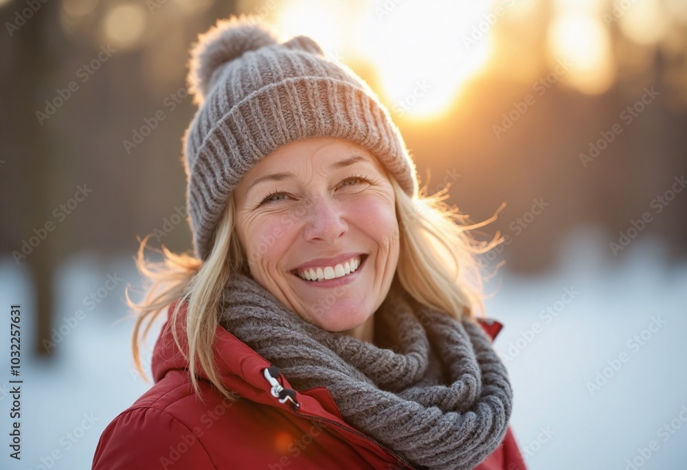 Portrait of Smiling senior woman In Winter, warm backlight, copy space on a side Portrait of Smiling senior woman In Winter, warm backlight, copy space on a side