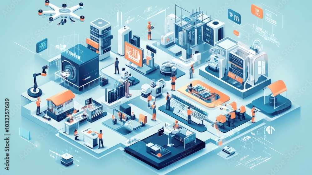 A modern tech hub with robots, drones, and advanced AI systems working in harmony, illustrating the cutting-edge future of technology A modern tech hub with robots, drones, and advanced AI systems working in harmony, illustrating the cutting-edge future of technology