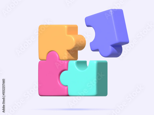 3D Vector Illustration Colorful Jigsaw Puzzle in White Isolated Background. Problem-solving, business challenge