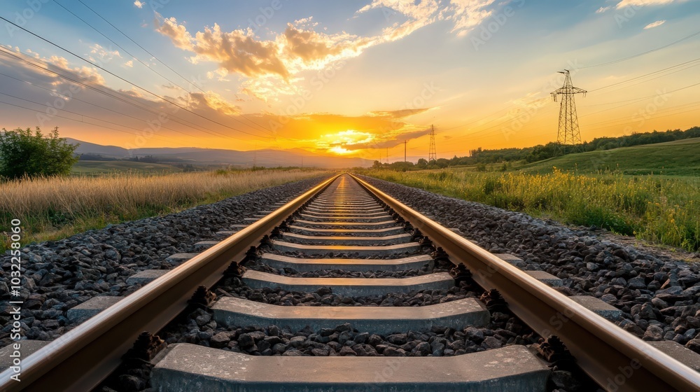 Fototapeta premium railway leaving far away at the dramatic sunset 