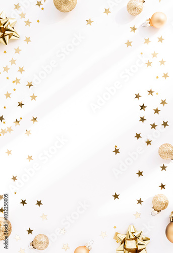 Festive flat-lay arrangement featuring golden Christmas ornaments, glittery baubles, and star-shaped confetti