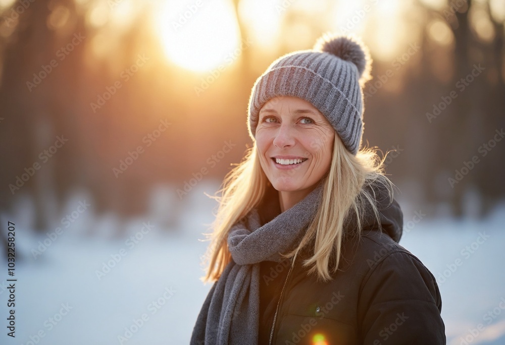 Portrait of Smiling senior woman In Winter, warm backlight, copy space on a side Portrait of Smiling senior woman In Winter, warm backlight, copy space on a side