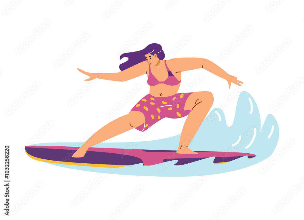 Vector illustration of a female surfer in swimsuits enjoying the summer waves on a board. Vector illustration of a female surfer in swimsuits enjoying the summer waves on a board.