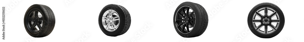 Obraz premium Discs, tires and wheels isolated on white, transparent png
