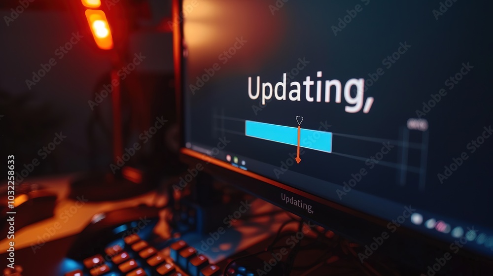 Close-Up of Computer Screen with Updating Progress Bar and Faint Keyboard and Mouse, Depicting Modern Technology and Digital Transformation Close-Up of Computer Screen with Updating Progress Bar and Faint Keyboard and Mouse, Depicting Modern Technology and Digital Transformation