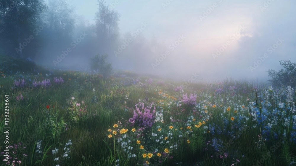 Fototapeta premium A mist-covered field at dawn, with soft light breaking through the fog, illuminating the dewy grass and wildflowers. 