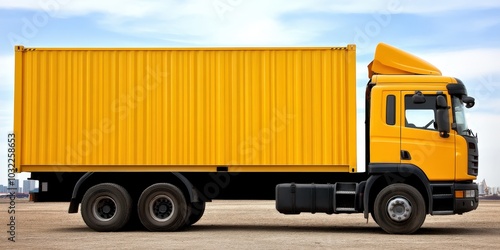 Yellow Truck with Container on Industrial Background