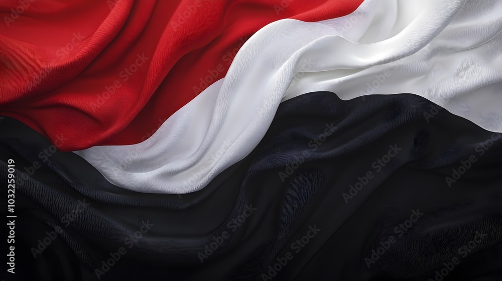The flag of the breakaway state, depicted in white, black, and red colors, is displayed on a silk fabric against a clean background The flag of the breakaway state, depicted in white, black, and red colors, is displayed on a silk fabric against a clean background