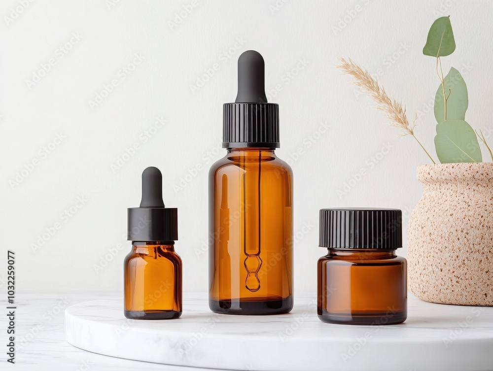 Stylish amber bottles with droppers, perfect for essential oils and natural remedies, on a minimalist background. Stylish amber bottles with droppers, perfect for essential oils and natural remedies, on a minimalist background.