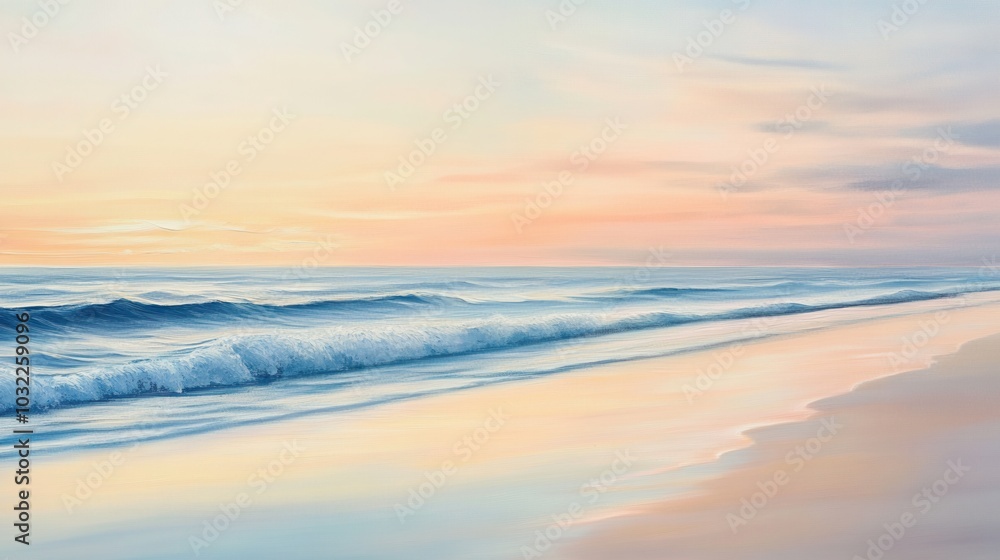 A serene beach with gentle waves rolling onto the shore under a soft pastel sky A serene beach with gentle waves rolling onto the shore under a soft pastel sky