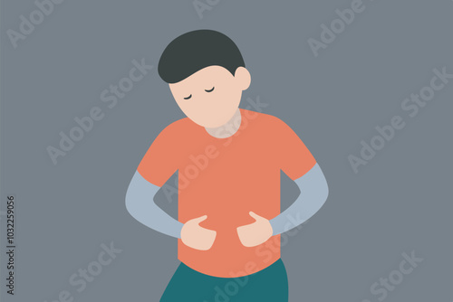 Cartoon man in orange shirt and green-brown pants, eyes closed, standing with hands on stomach in a gradient background, evoking a sense of isolation.