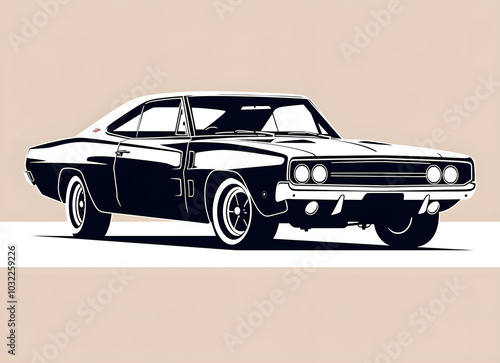 Klassisches Muscle Car im schwarz-weißen Cartoon-Stil (KI generiert) photo