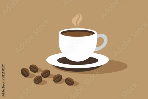 A scene featuring a white coffee cup with beans, steam, and a gradient background, exuding warmth and coziness. Unique cup design with two handles adds to the ambiance.