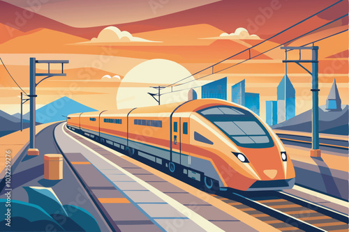 An orange high-speed train moves on railway tracks with a warm sky backdrop at sunset or sunrise, city skyline in background. Energizing scene with power poles