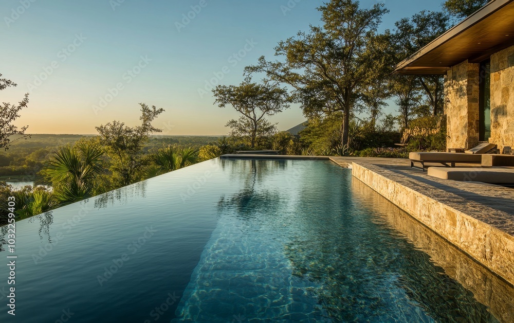 Elegant infinity pool overlooking a lush forest landscape at sunset, featuring a modern stone patio and loungers for ultimate relaxation Elegant infinity pool overlooking a lush forest landscape at sunset, featuring a modern stone patio and loungers for ultimate relaxation