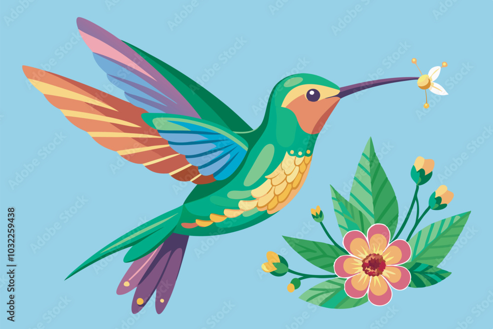 Obraz premium Vibrant green hummingbird with long beak near yellow flower, alongside bee and separate flower in scene, set against light blue background.