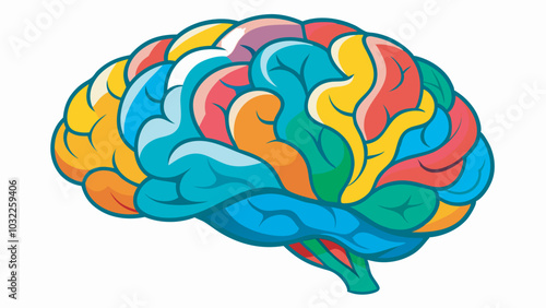 A vibrant, colorful cartoon-style drawing of a human brain with blue, red, green, yellow, and orange colors in a gradient pattern, symbolizing cognitive energy and creativity.